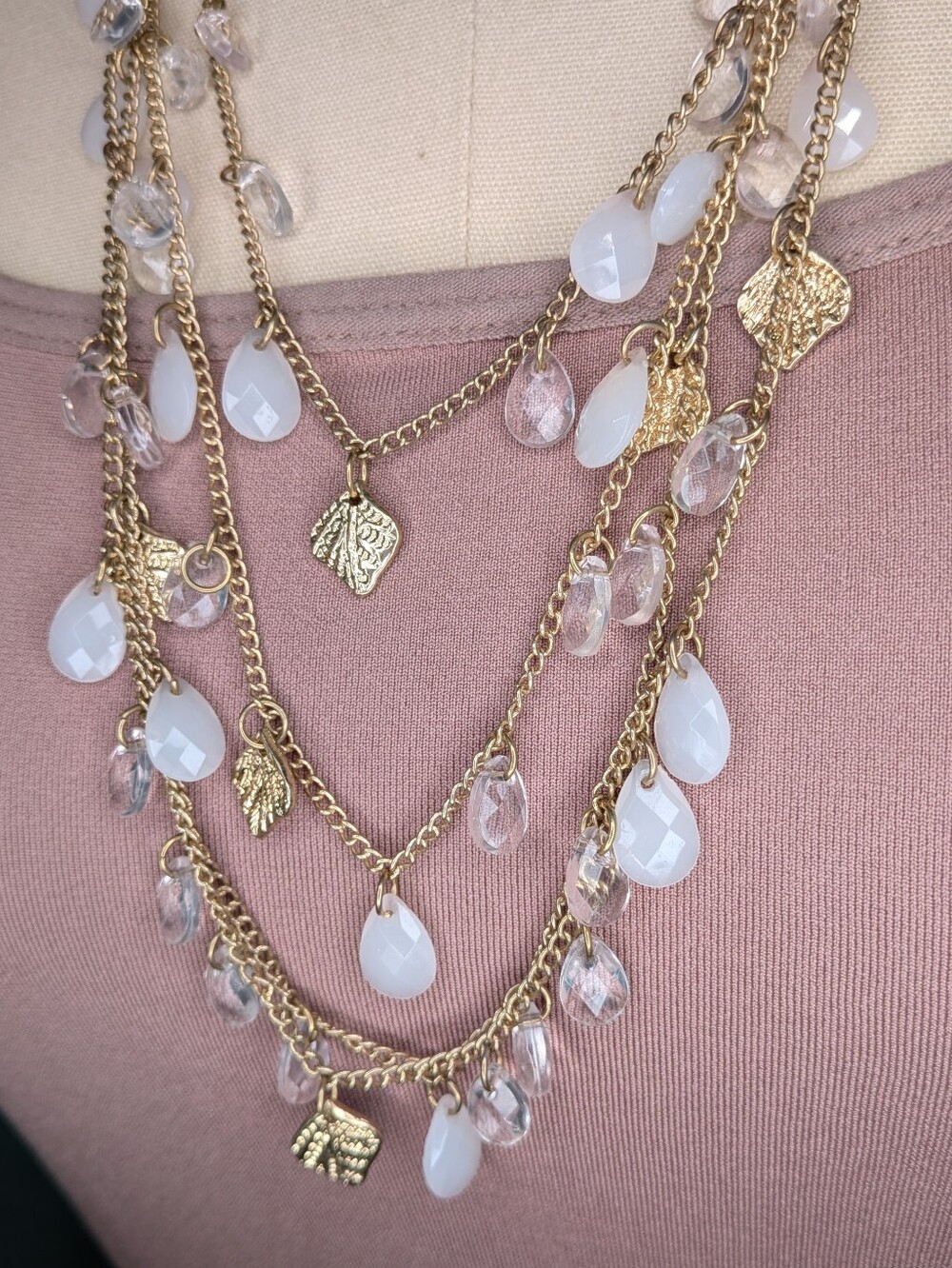 Boho Gold Multi Strand White & Clear Teardrop Bead Leaf Charm Layered Necklace